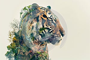 A tiger overlaid with the intricate patterns of tropical foliage in a double exposure