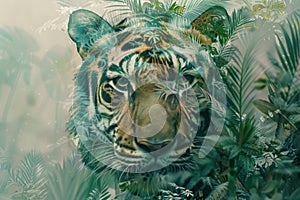 A tiger overlaid with the intricate patterns of tropical foliage in a double exposure