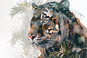 A tiger overlaid with the intricate patterns of tropical foliage in a double exposure