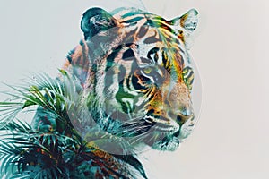 A tiger overlaid with the intricate patterns of tropical foliage in a double exposure