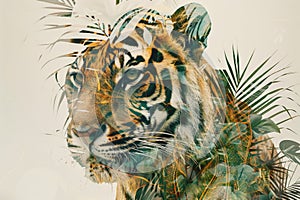 A tiger overlaid with the intricate patterns of tropical foliage in a double exposure