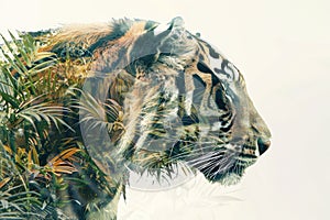 A tiger overlaid with the intricate patterns of tropical foliage in a double exposure