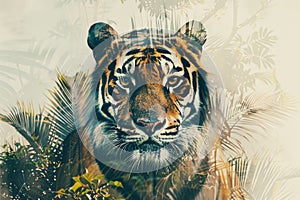 A tiger overlaid with the intricate patterns of tropical foliage in a double exposure