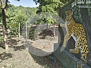 A tiger, Panthera tigris, on the sign board at Karnataka tiger reserve. The road goes through deep forest of the famous tiger