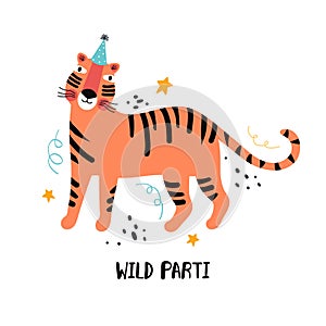 Tiger party. Exotic predatory cat on holiday. Hand drawn cute cartoon tiger character in a festive hat. Jungle animals wild party