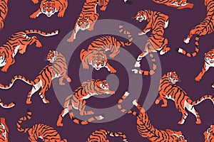 Tiger pattern. Seamless repeating background with endless print of wild feline animal in different poses. Chinese