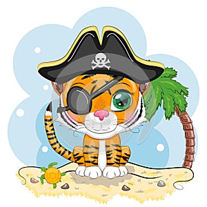 Tiger pirate, cartoon character of the game, wild animal cat in a bandana and a cocked hat with a skull, with an eye