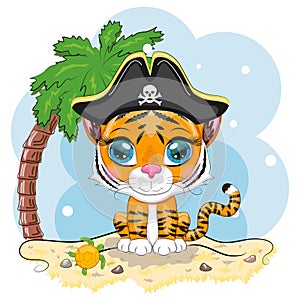 Tiger pirate, cartoon character of the game, wild animal cat in a bandana and a cocked hat with a skull, with an eye