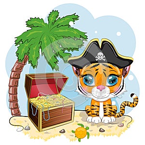 Tiger pirate, cartoon character of the game, wild animal cat in a bandana and a cocked hat with a skull, with an eye