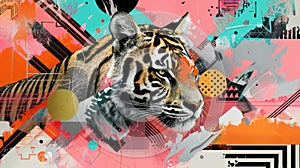 Tiger portrait in abstract digital art style with geometric and graphic elements