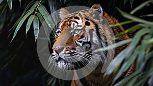 Tiger portrait on angle, bamboo leaves, realistic