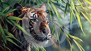 Tiger portrait on angle, bamboo leaves, realistic