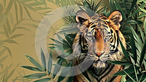 Tiger portrait on angle, bamboo leaves, realistic