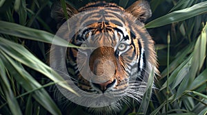 Tiger portrait on angle, bamboo leaves, realistic