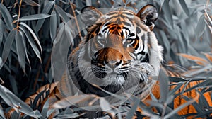 Tiger portrait on angle, bamboo leaves, realistic