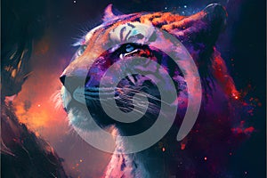 Tiger portrait in cosmic space. Colorful background. 3D rendering