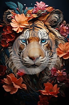 Tiger portrait with flowers and leaves. Created with Generative AI