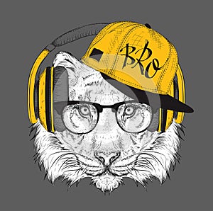 The tiger portrait in hip-hop hat. Vector illustration.