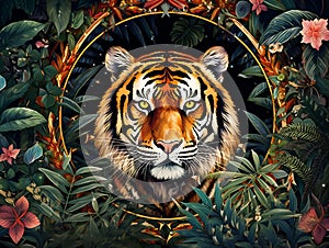 Tiger portrait in jungle, art deco style