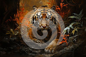 Tiger portrait with leaves in jungle. Created with Generative AI