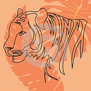 Tiger portrait lineart with tropic leaves