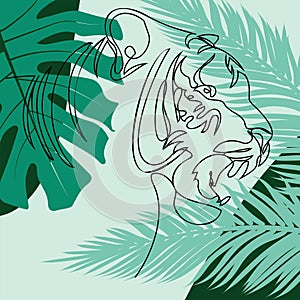 Tiger portrait lineart with tropic leaves