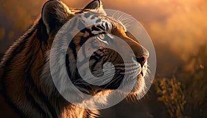 Tiger Portrait in the morning sun in nature. Side view. Generative AI