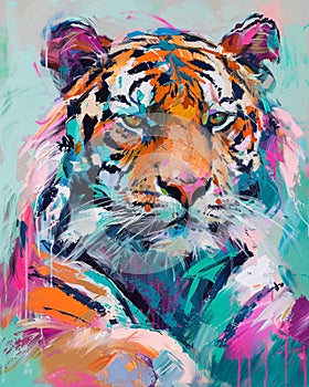 Tiger portrait oil painting palette knife loose strokes neon fur pink teal orange blue