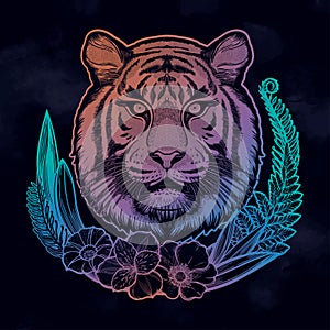 Tiger portrait in tropical flowers frame. Dreamy magic art. Night, nature, wicca symbol. Isolated vector illustration