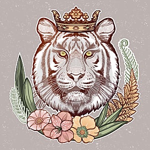 Tiger portrait in tropical flowers frame. Dreamy magic art. Night, nature, wicca symbol. Isolated vector illustration