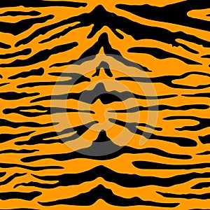 Tiger print background. Vector wild animal skin texture, black stripes pattern on orange background. Abstract jungle
