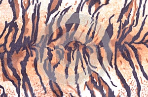 Tiger print on knitted, mass-produced synthetic fabric. Use for upholstery of upholstered furniture. Abstract animal skin pattern