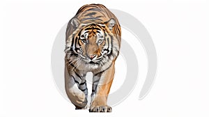 Tiger prowling, approaching and looking at the camera, isolated. Generative AI