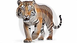 Tiger prowling, approaching and looking at the camera, isolated. Generative AI