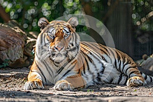 A tiger rests on the ground in a zoo enclosure under the sun, A regal tiger lounging in the sun