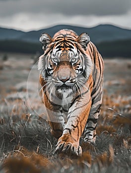 A tiger roams a plain so flat and simple, its beauty lies in the unadorned landscape photo