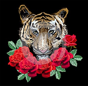 Tiger with roses on black background