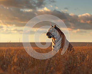 The tiger\'s presence adds depth to the flat, simple expanse of the plain, a moving masterpiece