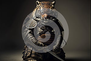 Tiger in samurai armor with katana