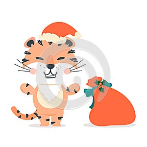 Tiger Santa with Christmas bag vector clip art