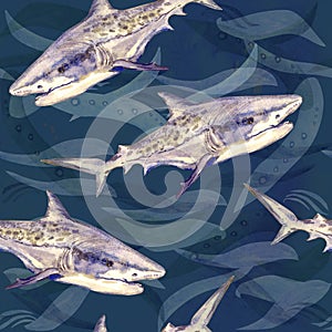 Tiger shark, hand painted watercolor illustration, seamless pattern on dark blue ocean surface with waves