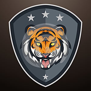 Tiger in shield sports mascot color logo illustration