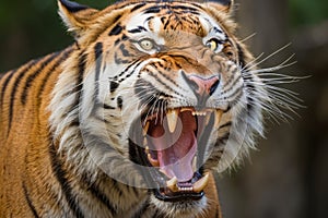 A tiger is shown with its mouth wide open, showing its teeth