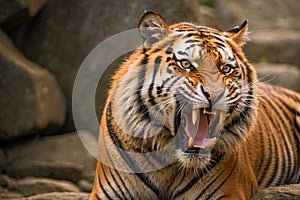 A tiger is shown with its mouth wide open, showing its teeth