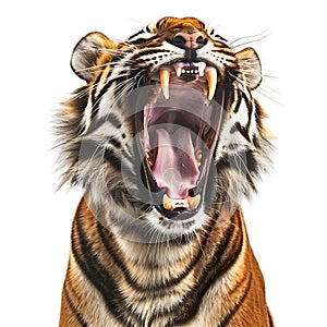 A tiger is shown with its mouth wide open, showing its teeth on a white backdrop