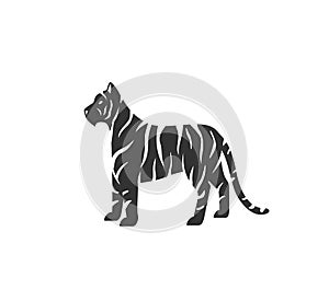 Tiger silhouette vector illustration. Black and white striped wild cat logo. Isolated on white background