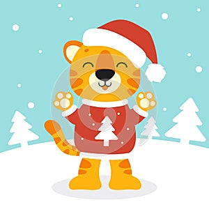 Tiger simbol in a santa hat. Cartoon character. Colorful vector illustration. Isolated on color background. Design element.