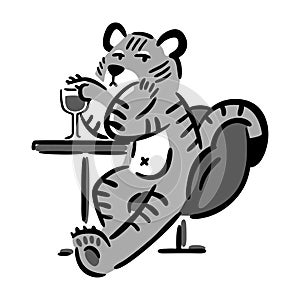 Tiger sitting in chair with glass of wine. Chinese zodiac animal. Symbol of the new year 2022, 2034. Vector illustration isolated