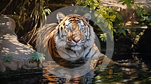 a tiger sitting in a small body of water near rocks