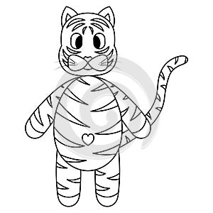 Tiger. Sketch. Striped kitten with a cute belly. Vector illustration. Animal navel in the shape of a heart. Fairy tale character